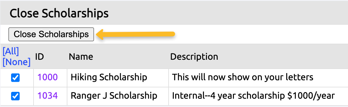 close scholarships button
