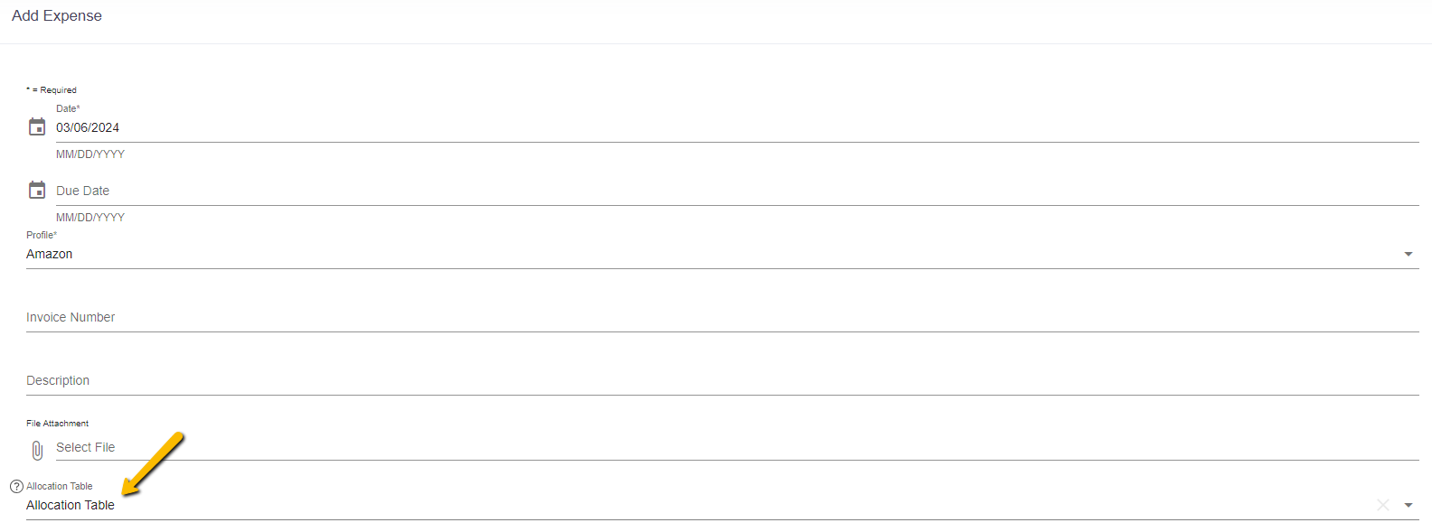 allocation table drop-down menu