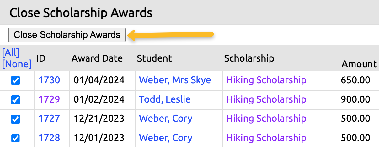 close scholarship awards button