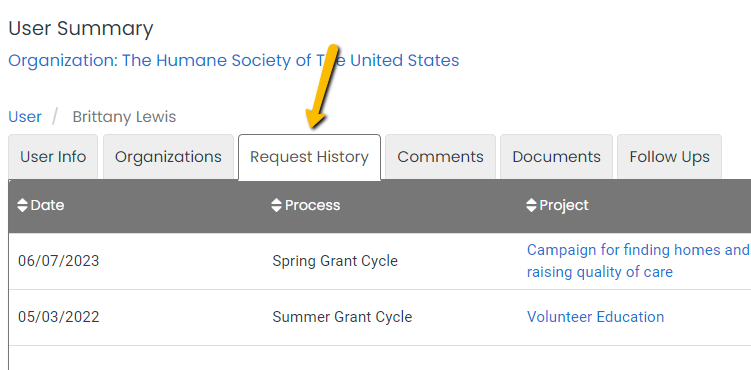 request history tab