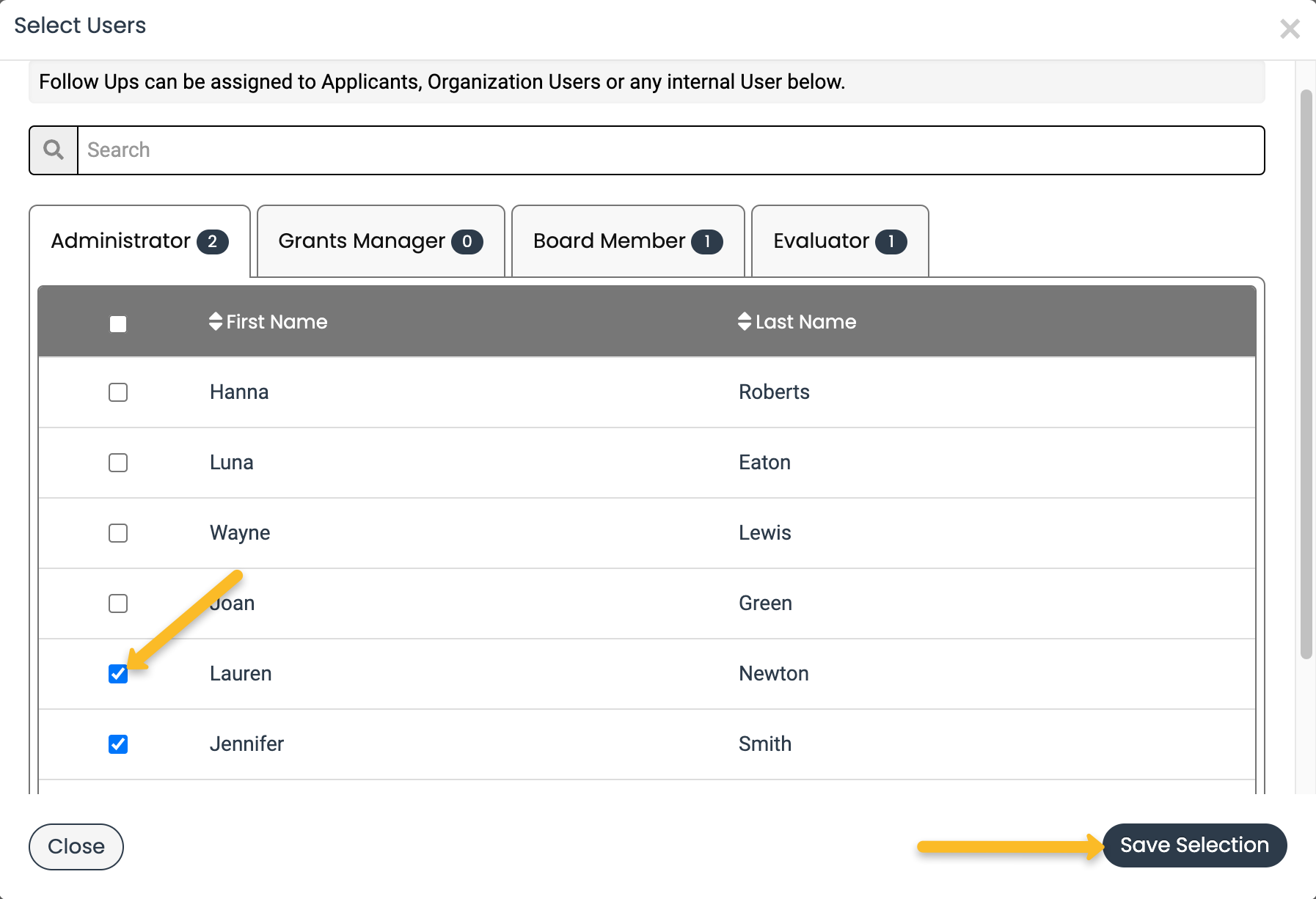 check box and save selection button