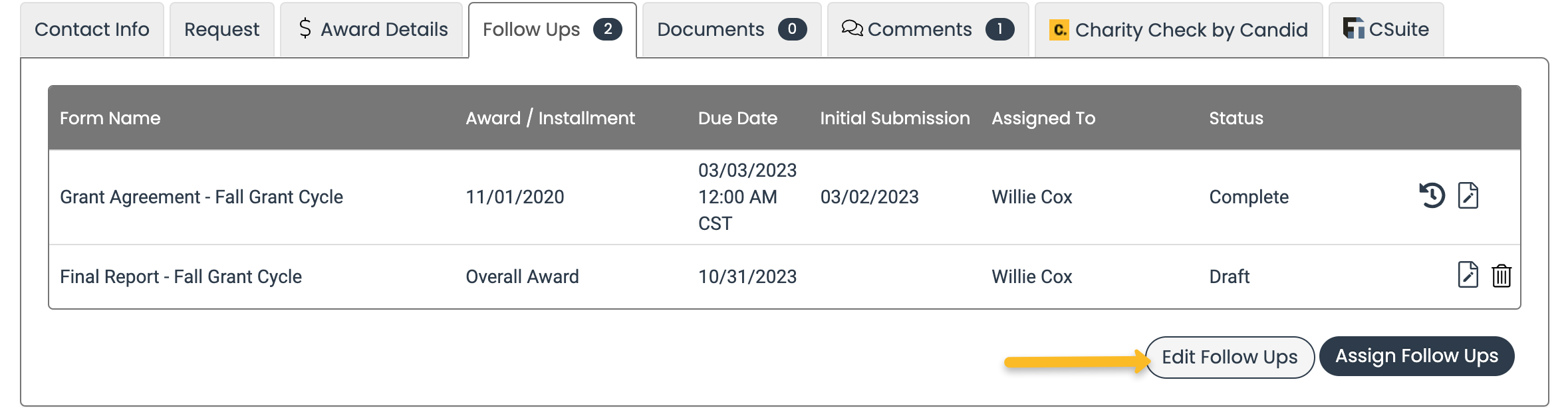 edit follow ups button