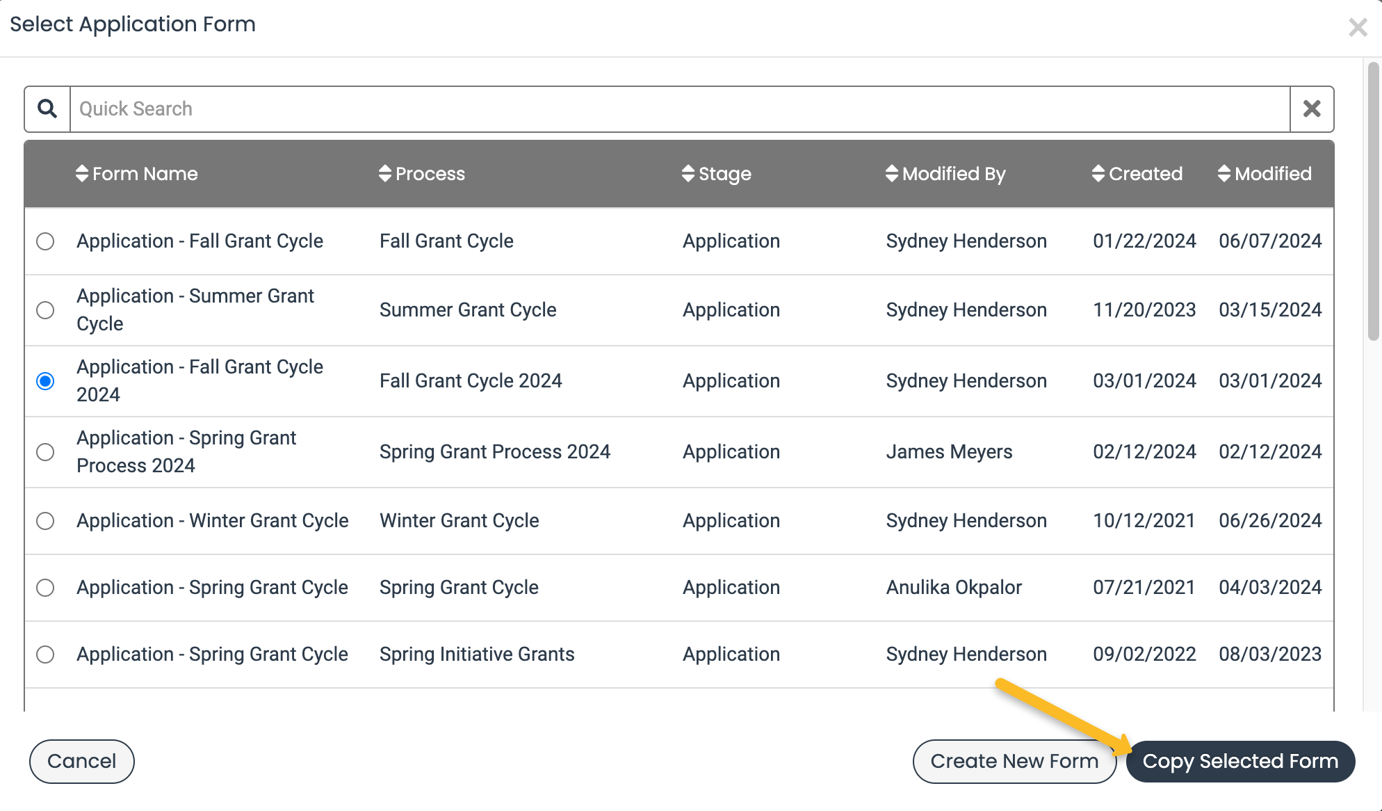 copy selected form button