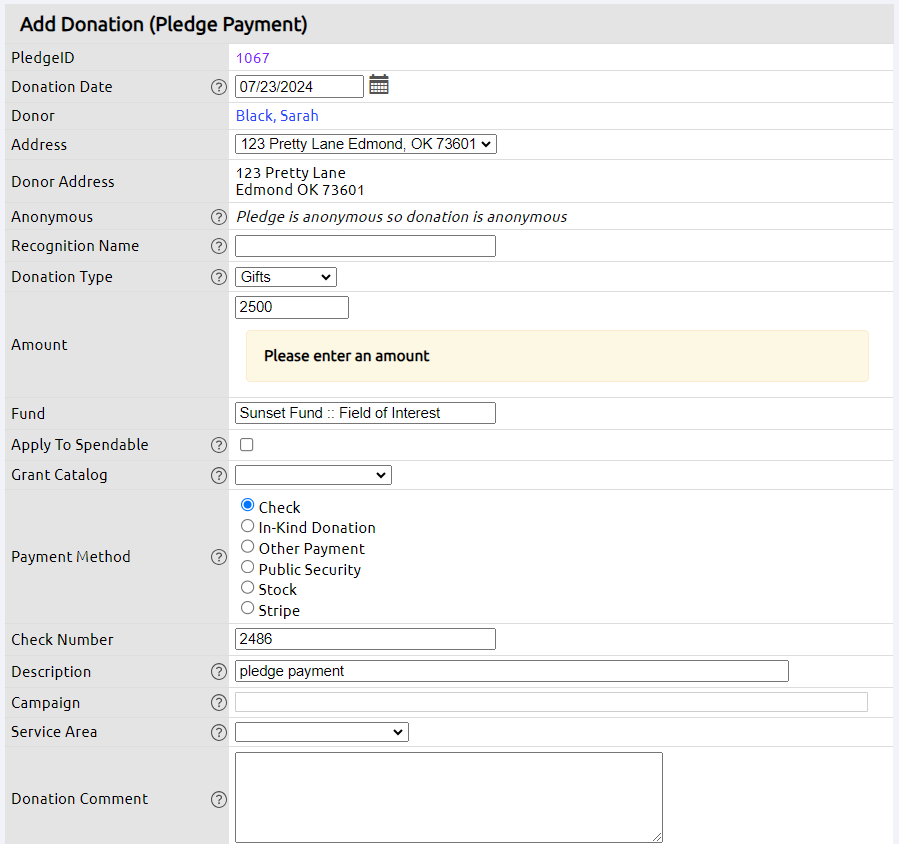 pledge payment fields