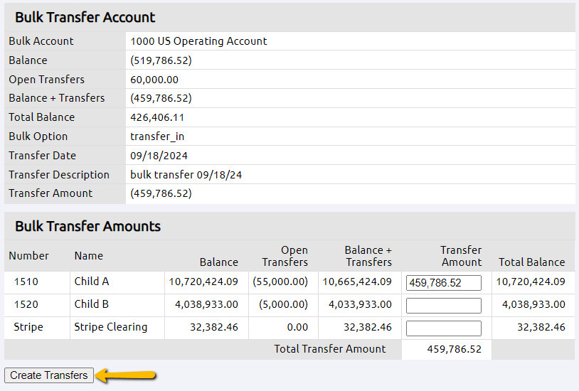 create transfers button