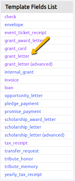 template fields list
