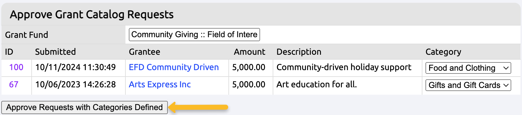 approve requests with categories defined button