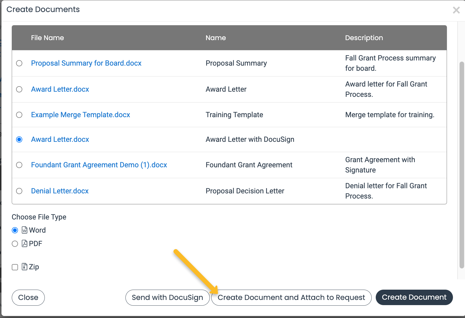 create document and attach to request button