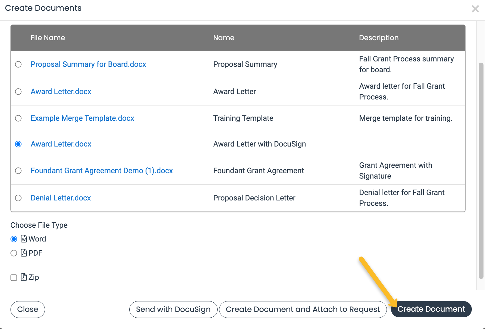 create document button