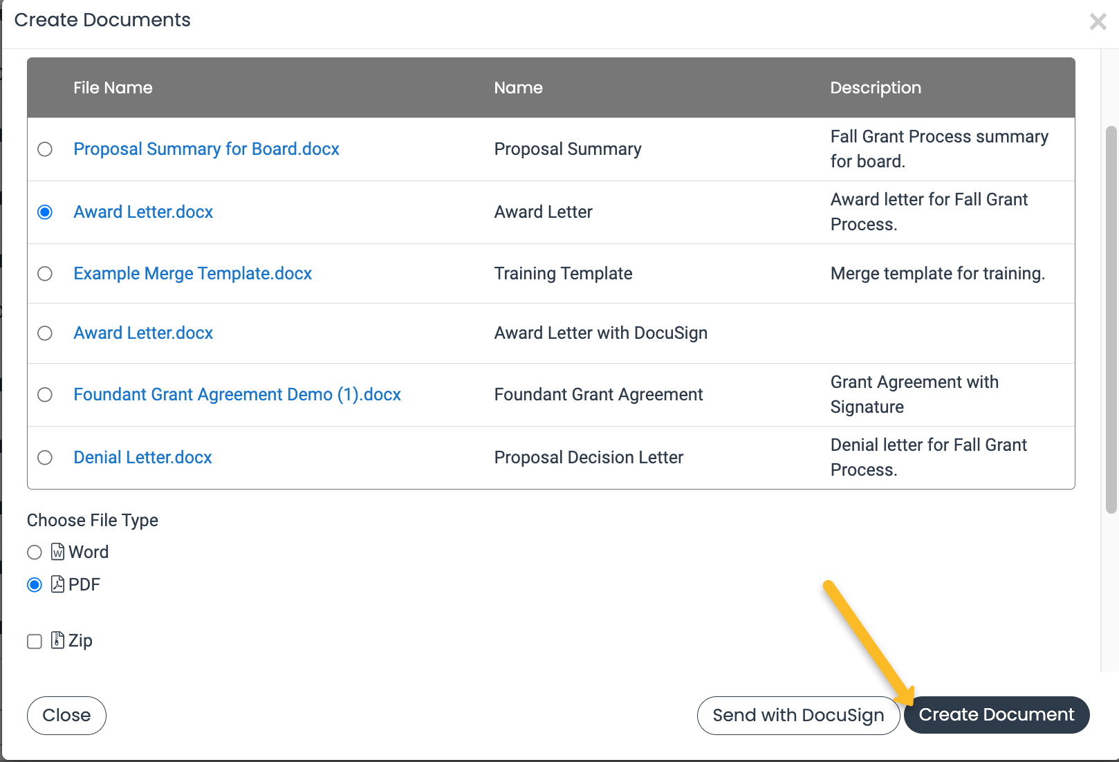 create document button