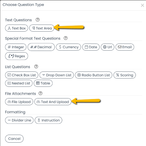 text area and text and upload question types