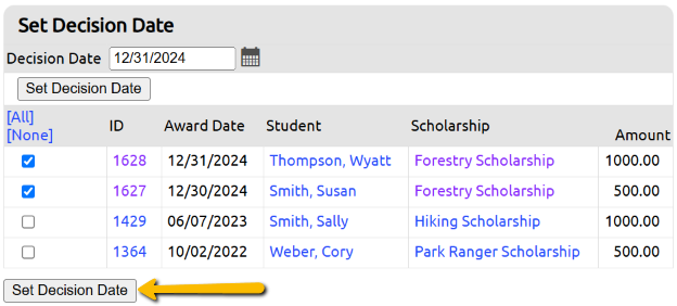 set decision date button