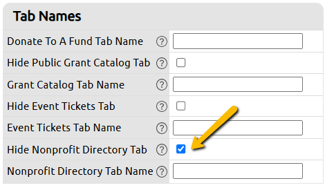 hide nonprofit directory tab checkbox
