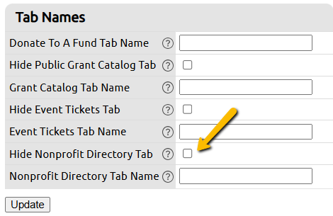 hide nonprofit directory tab checkbox