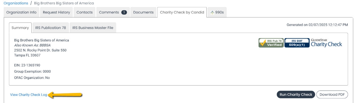 view charity check log button
