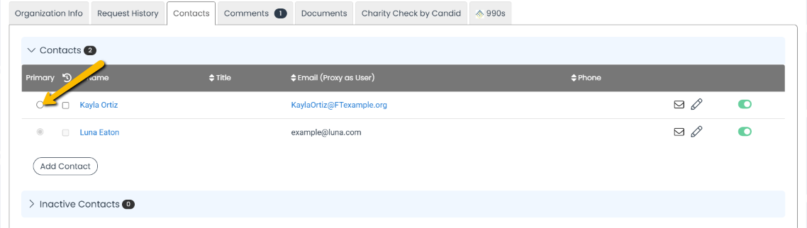 primary contact radio button