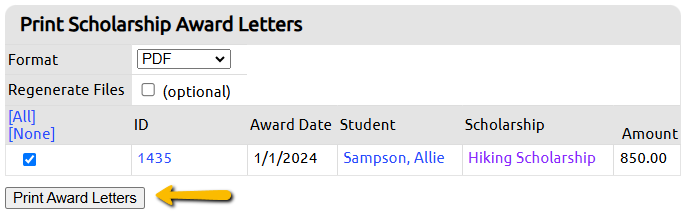 print award letters button