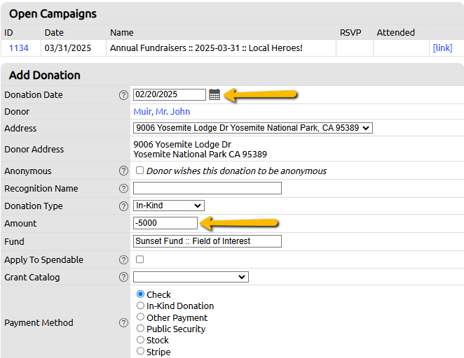 donation date and amount
