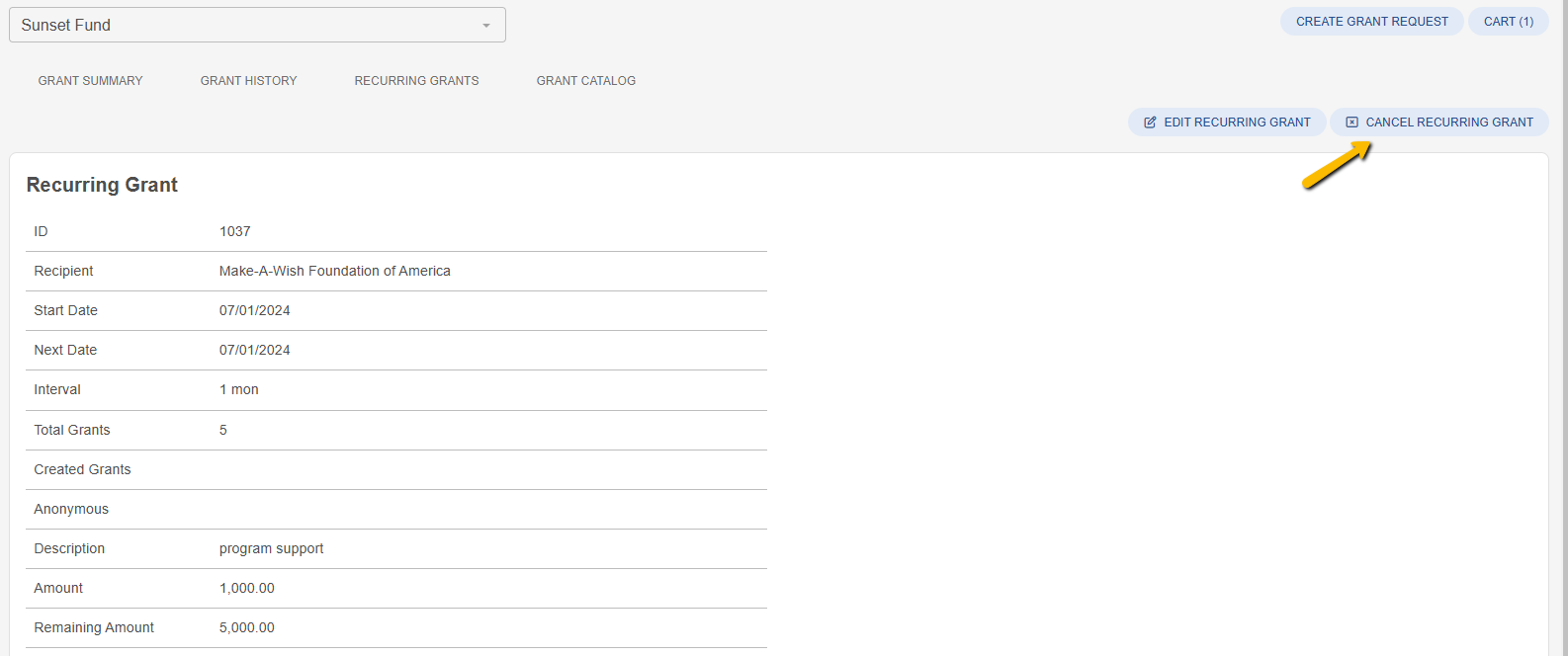 cancel recurring grant button