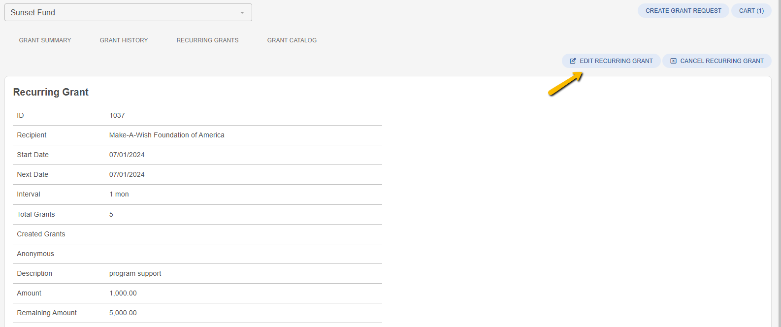 edit recurring grant button