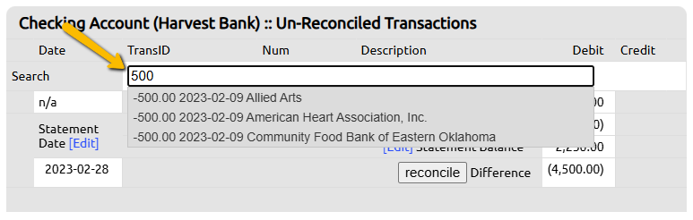 search transactions