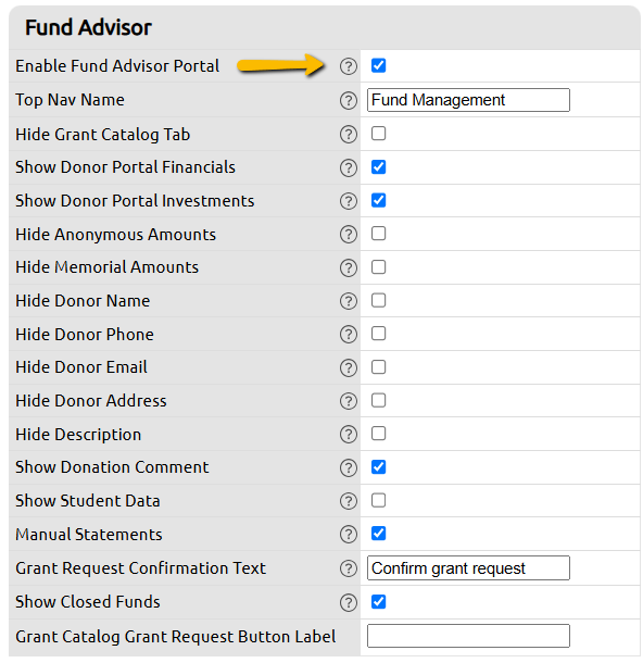 enable fund advisor portal checkbox