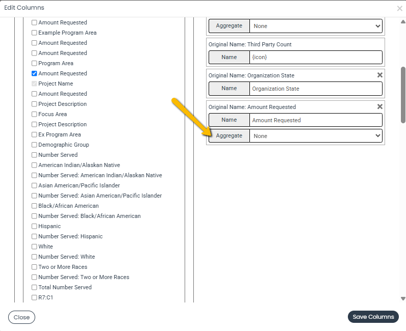 aggregate drop-down menu