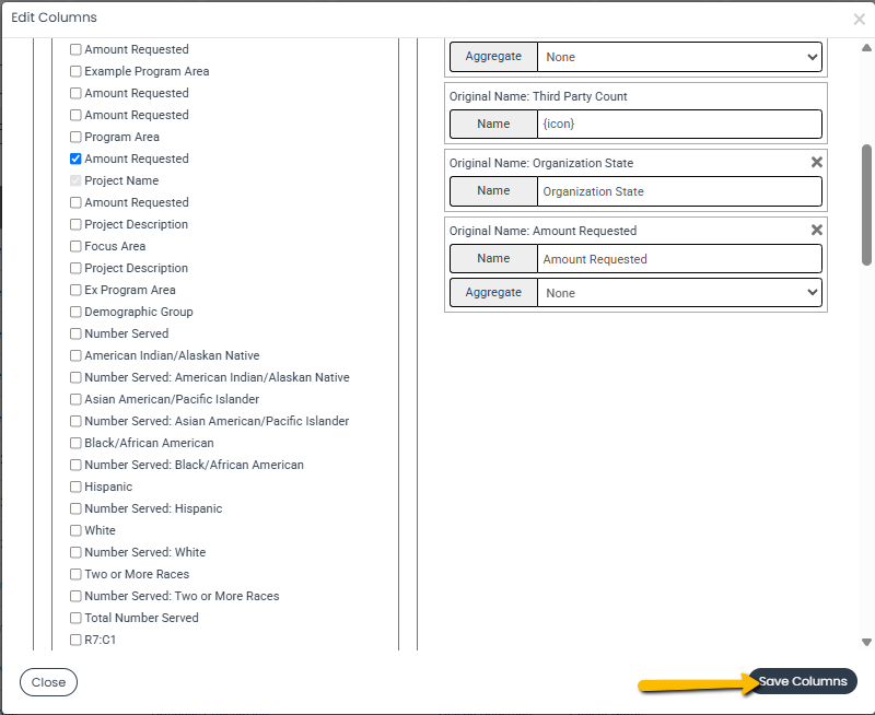 save columns button