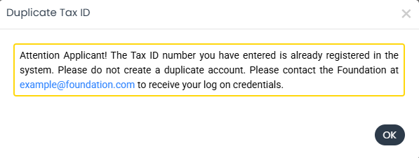duplicate organization tax ID warning message