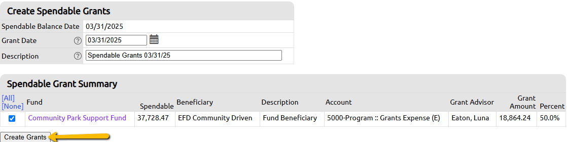 create grants button