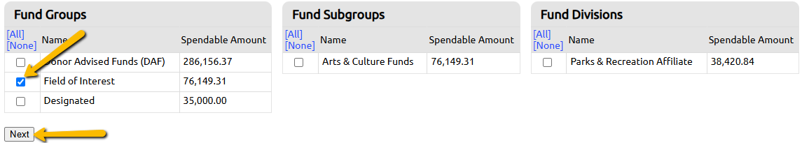 fund group checkbox and next button
