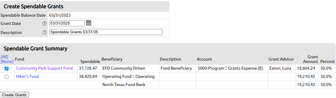 create grants button
