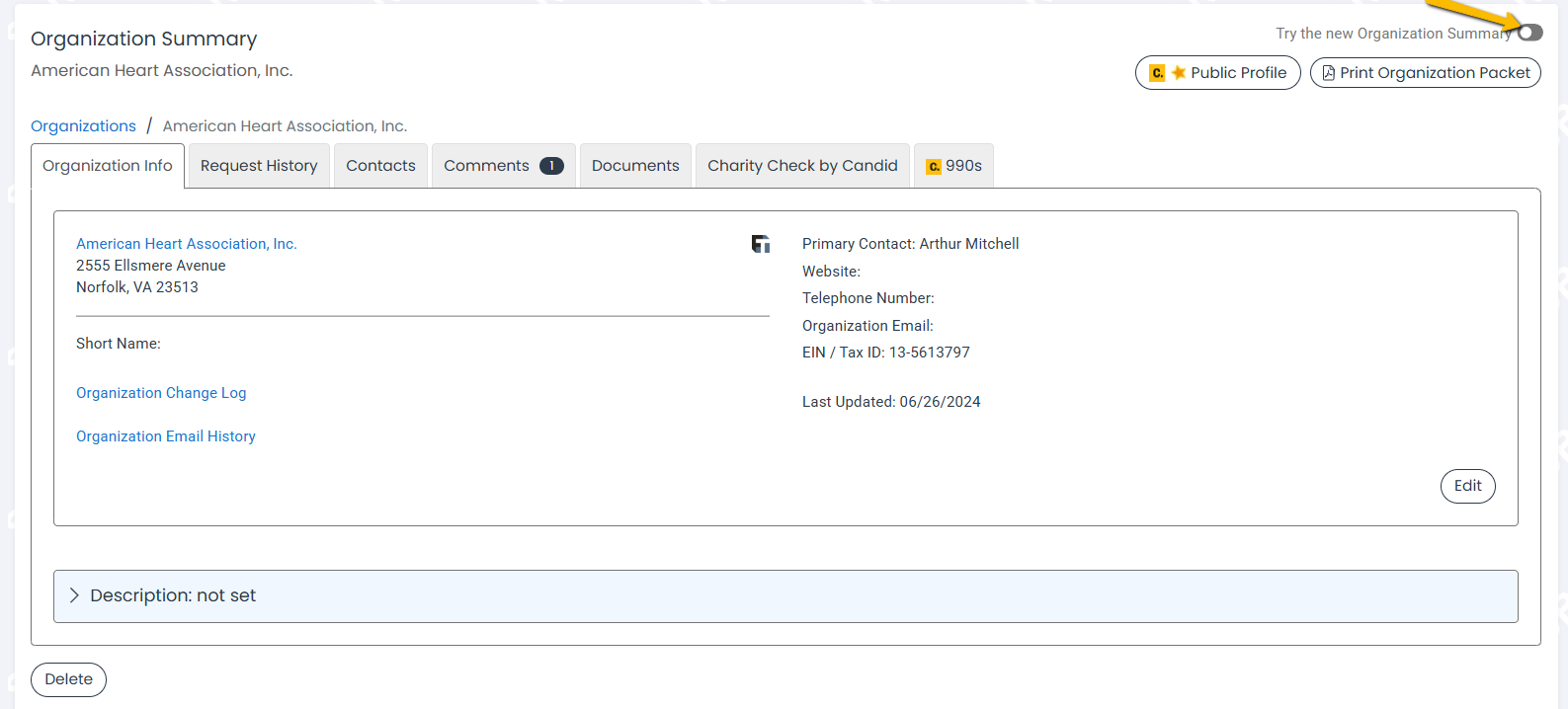 new organization summary toggle