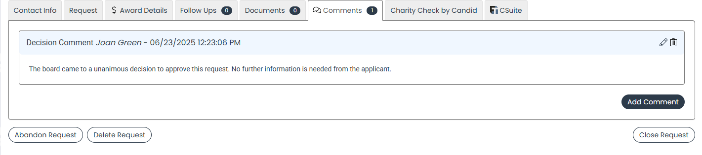 decision comment in the comments tab