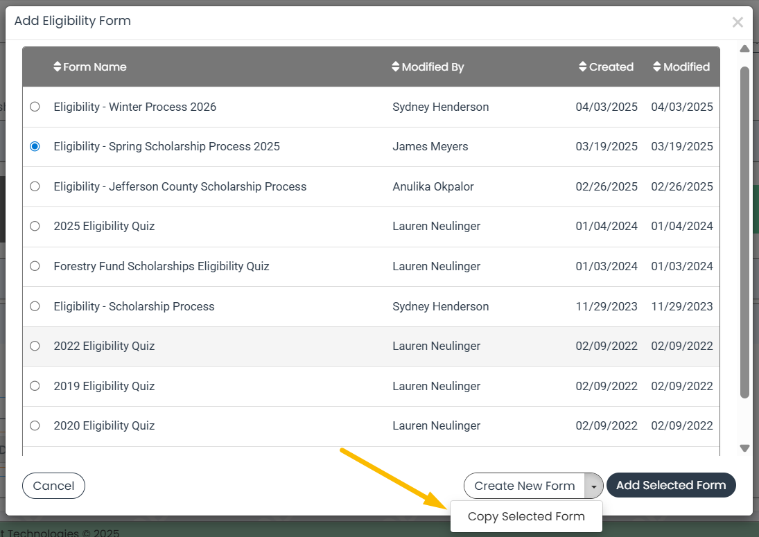 copy selected form option