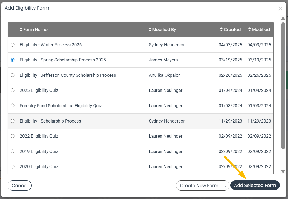 add selected form button