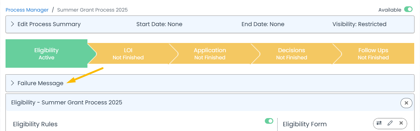 failure message drop-down