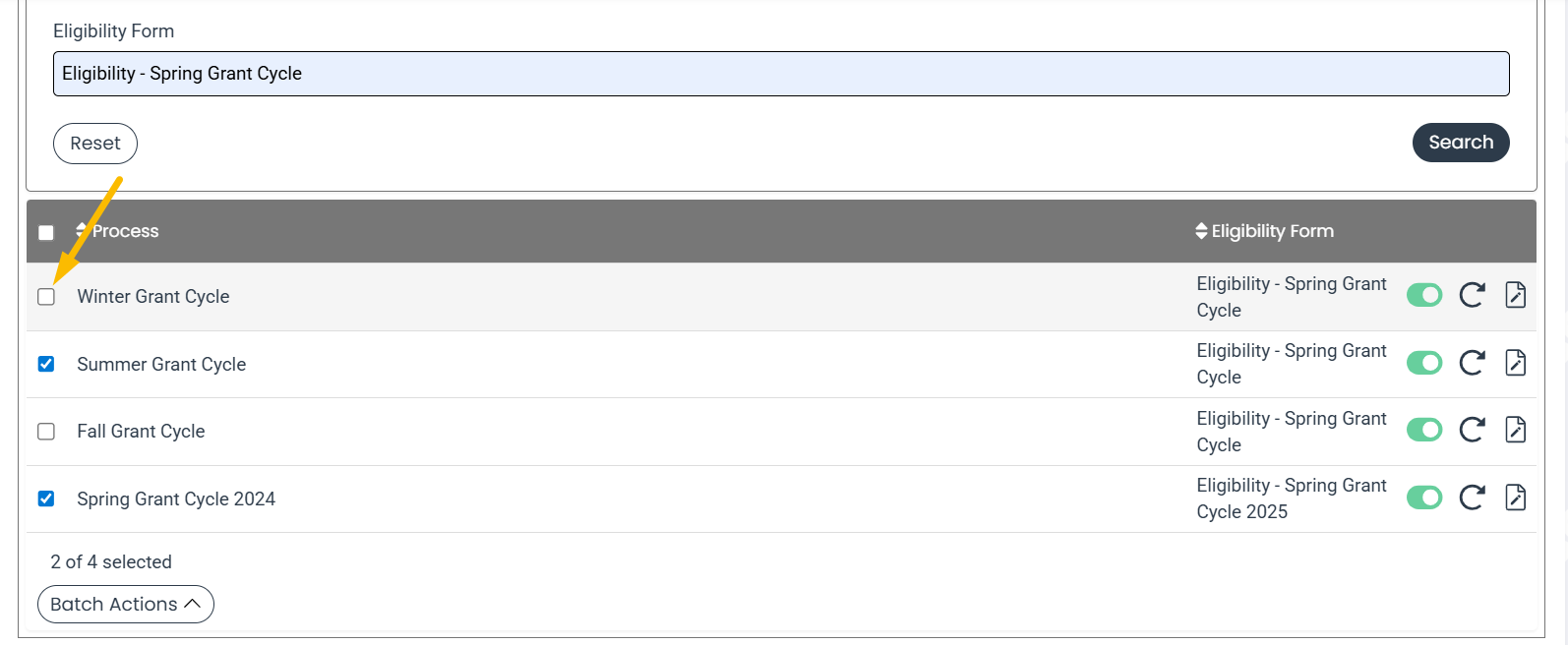 processes checkboxes