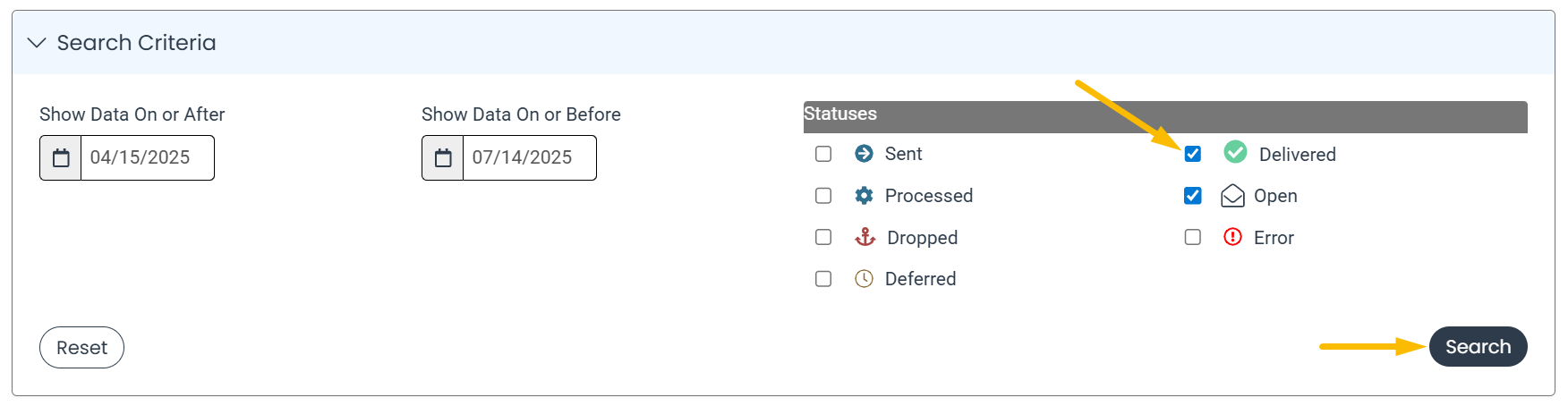 status filter and search button
