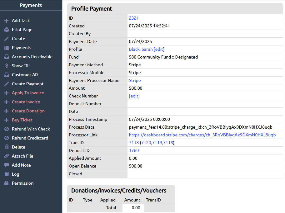 profile payment record