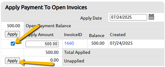 invoice checkbox and apply button