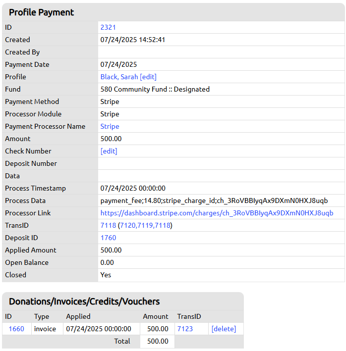 invoice on profile payment record
