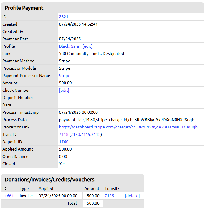 invoice on profile payment record