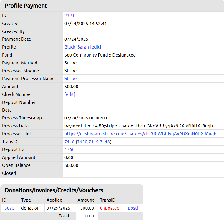 donation on profile payment record