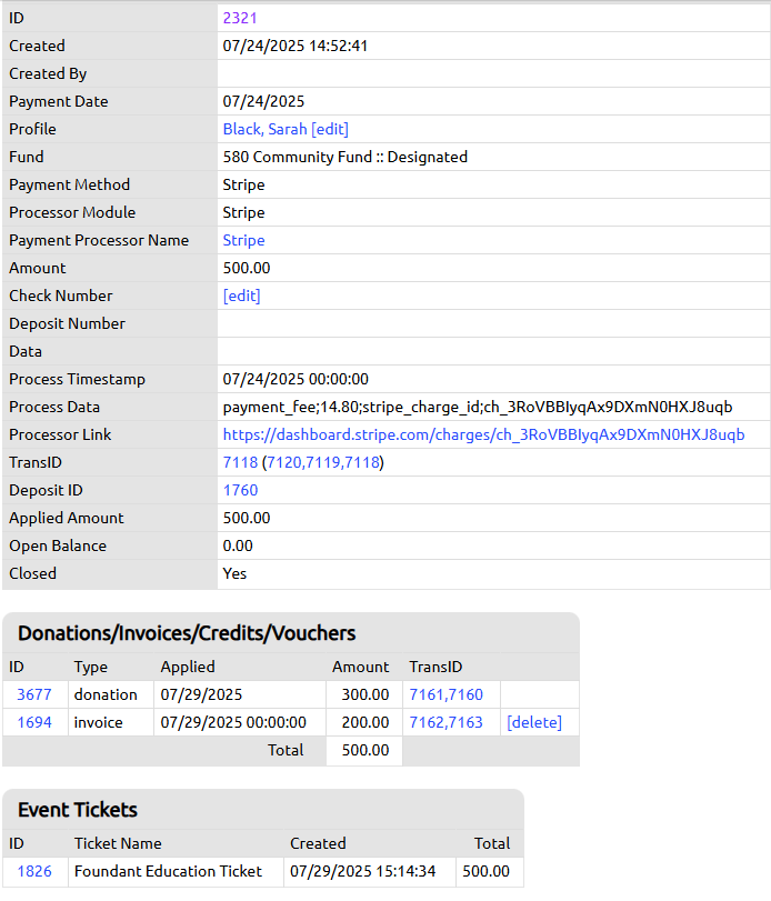 ticket invoice and donation on profile payment record