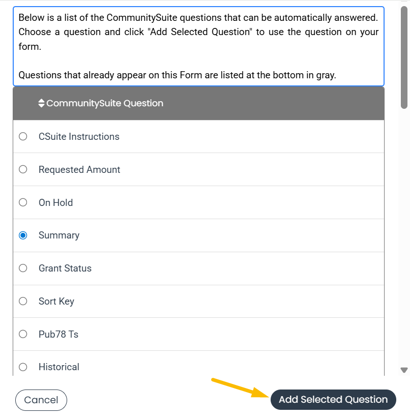 add selected question button