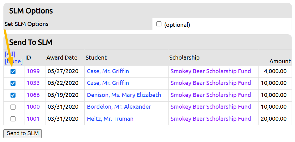 list of scholarship awards with checked boxes