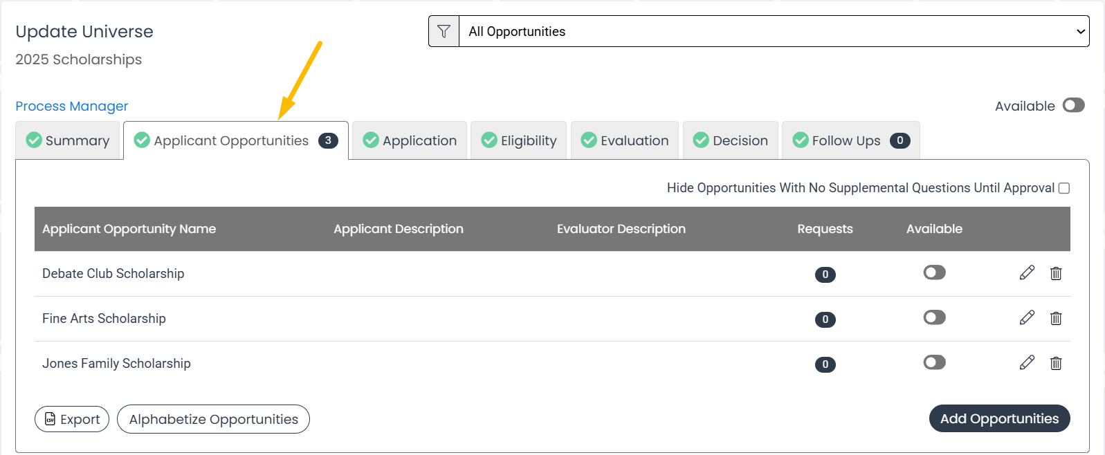 applicant opportunities tab