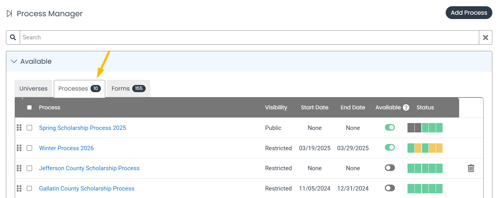 processes tab