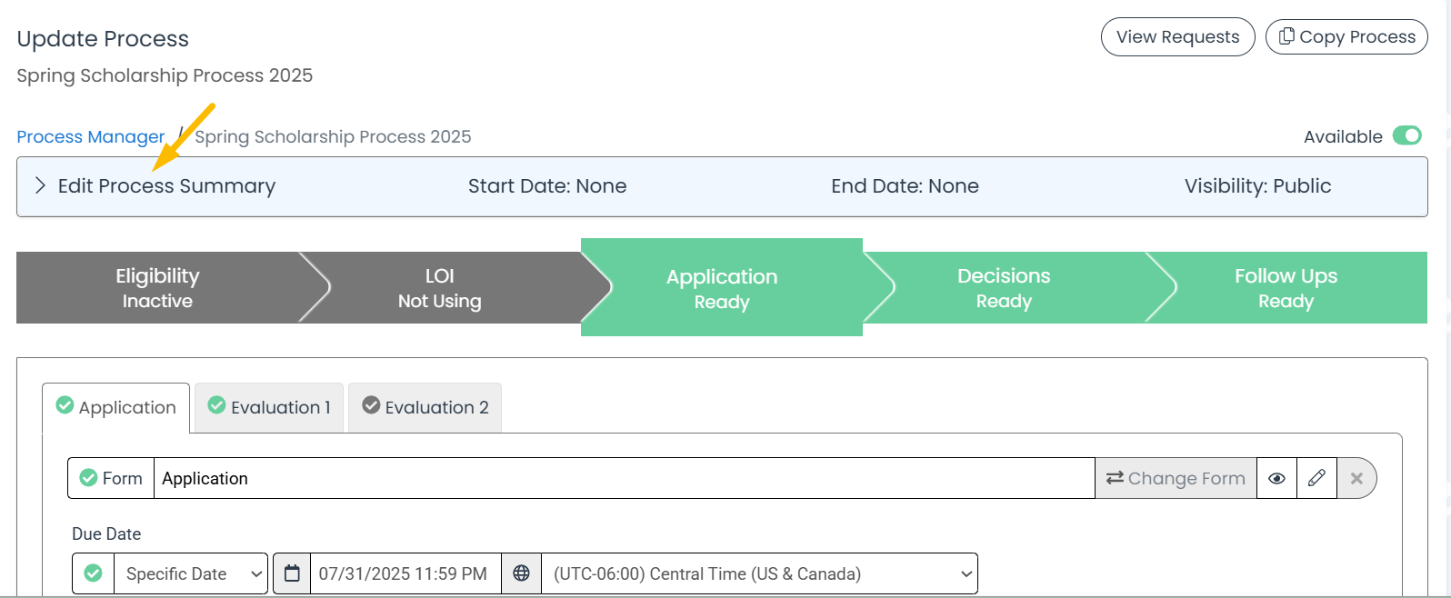 edit process summary drop-down